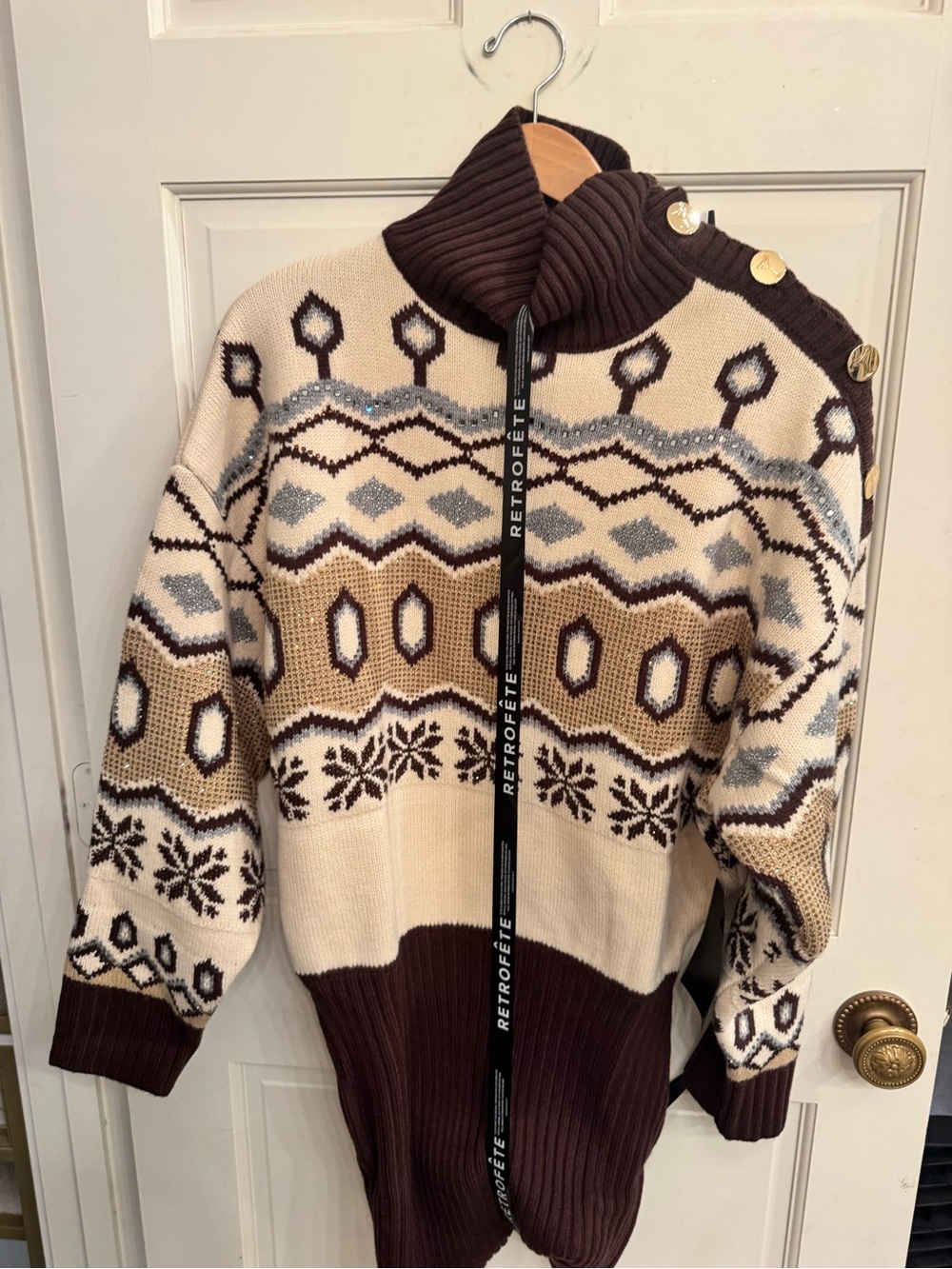 Retrofete Brown Cream and White Fair Isle Mini Dress
